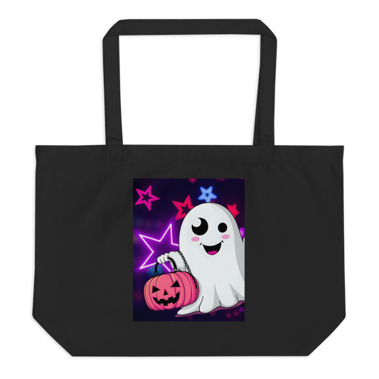 Black tote bag with a cartoon ghost holding a pink pumpkin and stars on a white background