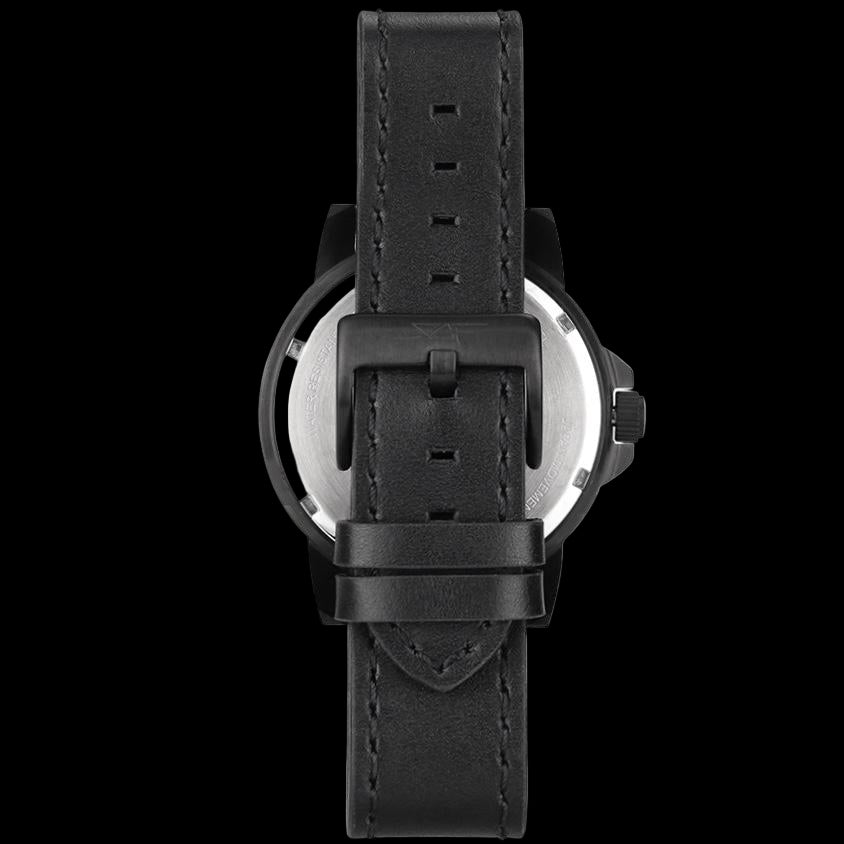 Black watch with a leather strap on a white background