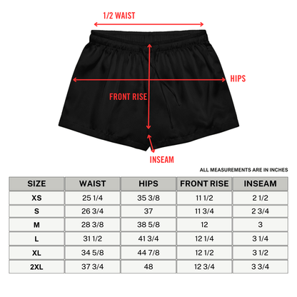 Black shorts with measurement labels and a size chart on a white background