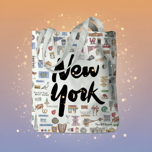 Tote bag with New York-themed design and 'New York' text on a white background