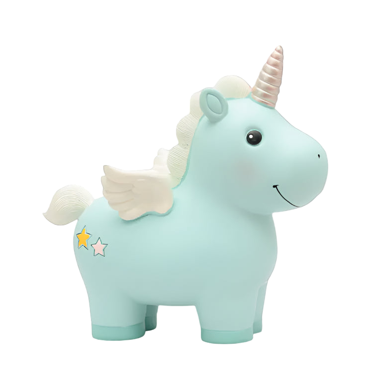 Mint green unicorn plush toy with a white mane and stars on a light background