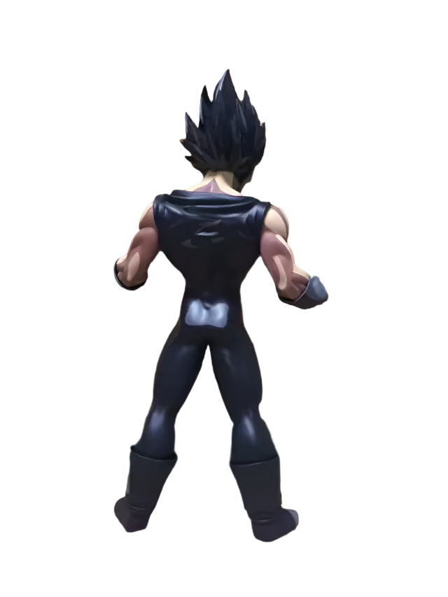 Action figure of a character in a black outfit with blue hair on a wicker surface.