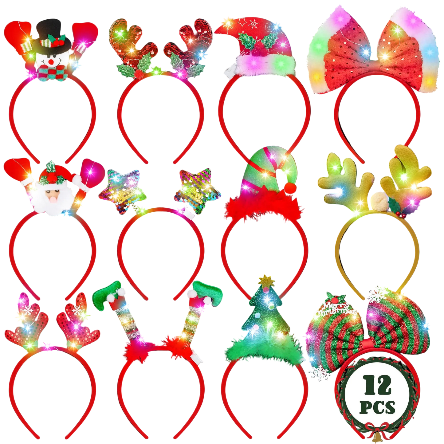Pack of 12 Assorted Light Up Festive Christmas Headbands with Felt Bows, Antlers, Santa Hats, and more