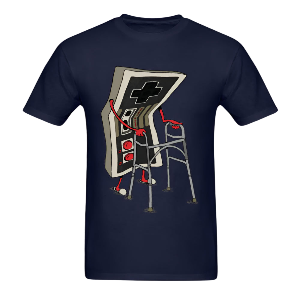 Navy blue t-shirt with a graphic design of a vintage video game controller and chair on a white background.