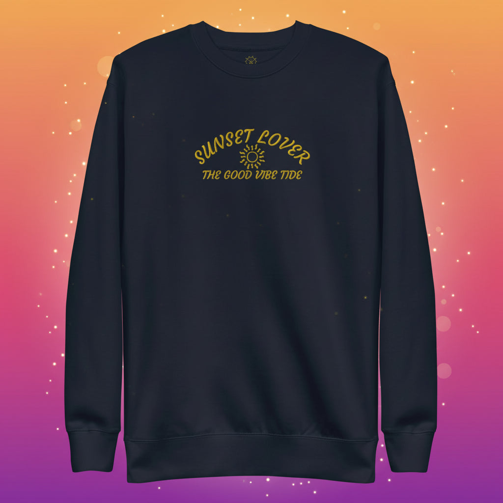 Navy blue sweatshirt with yellow text and sun graphic on a white background