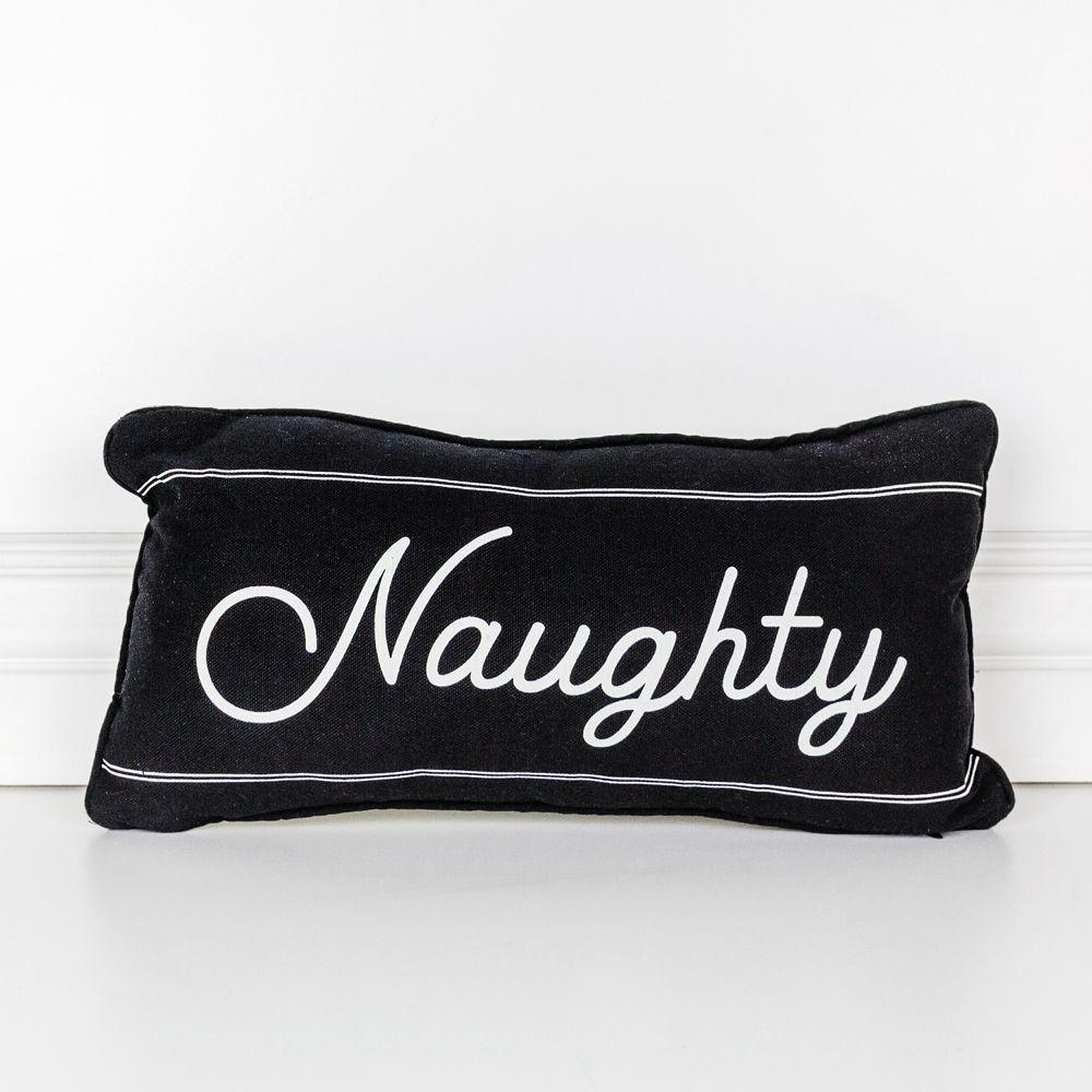 Black pillow with 'Naughty' text on a white background