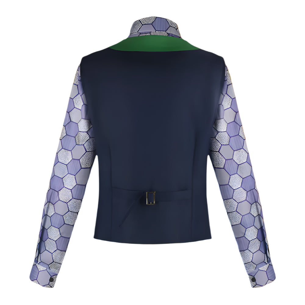 Navy riding jacket with patterned sleeves on a white background