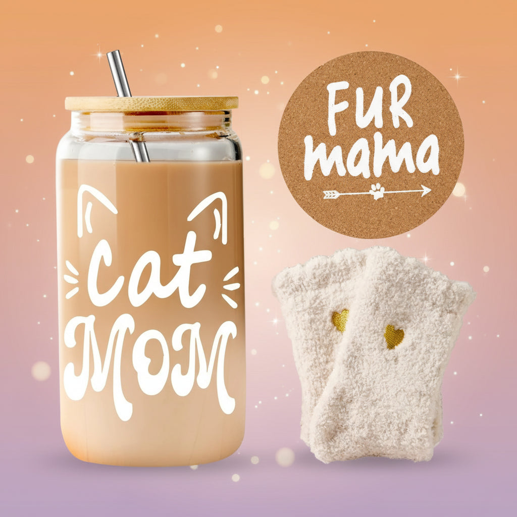 Glass mug with 'Cat Mom' text, 'Fur Mama' round sign, and fuzzy socks on a white background