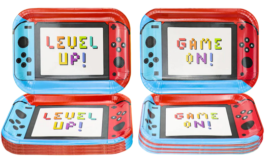 Two red and blue handheld gaming consoles with 'Level Up!' and 'Game On!' text on screens.