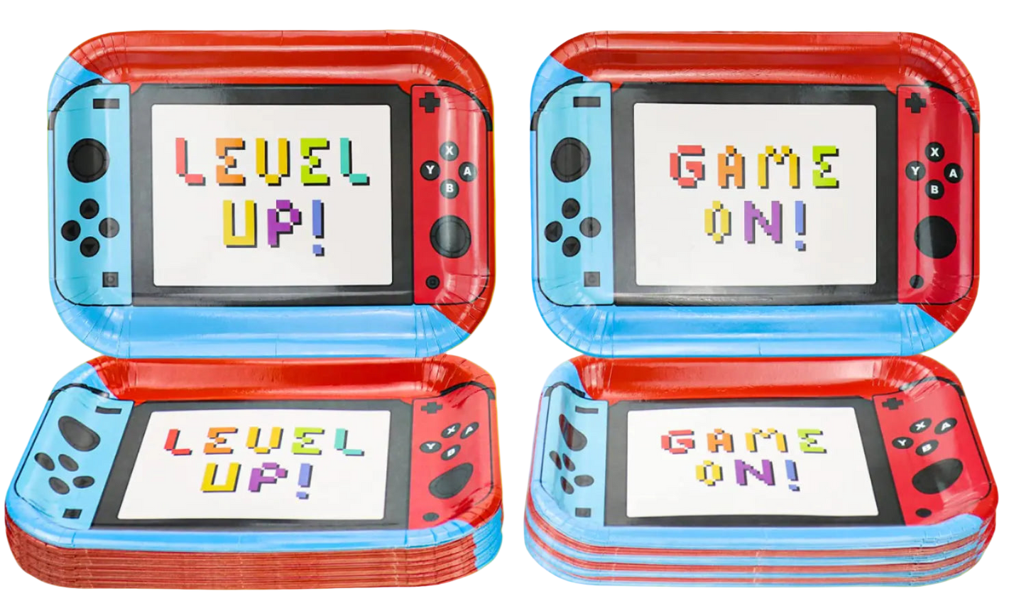 Two red and blue handheld gaming consoles with 'Level Up!' and 'Game On!' text on screens.