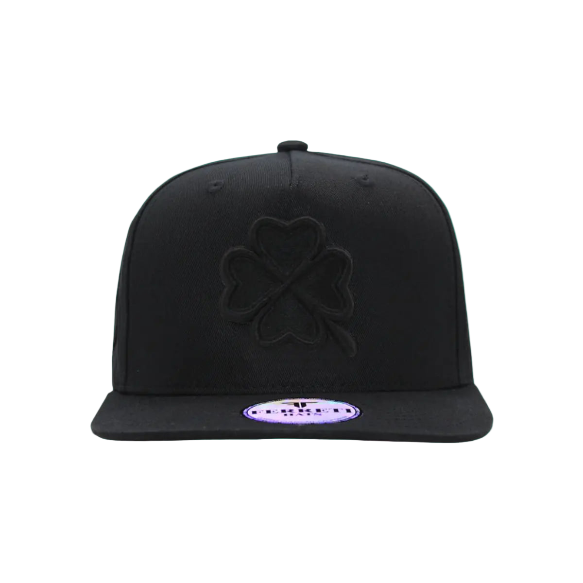 Black cap with a clover design on a white background