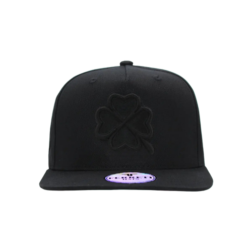 Black cap with a clover design on a white background