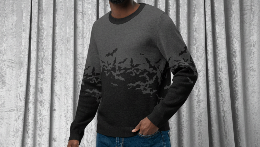 Man wearing a dark gray sweater with a gradient design, blue jeans, and white sneakers on a transparent background