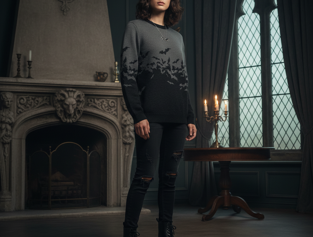 Gray sweater with black bat pattern on a transparent background