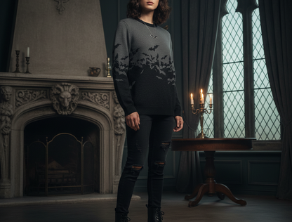 Gray sweater with black bat pattern on a transparent background