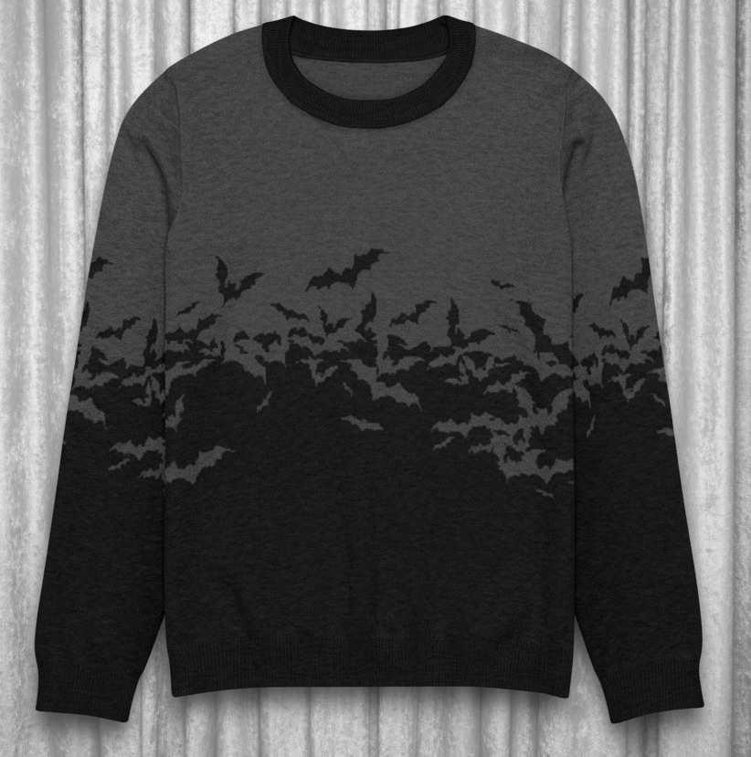 Gray sweater with black bat pattern on a transparent background