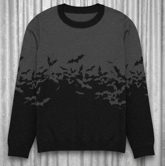 Gray sweater with black bat pattern on a transparent background