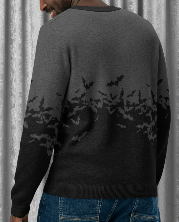 Man wearing a black and gray gradient sweater with a pattern on a transparent background