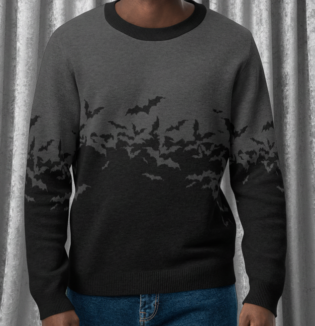 Man wearing a black and gray gradient sweater with bat designs on a transparent background