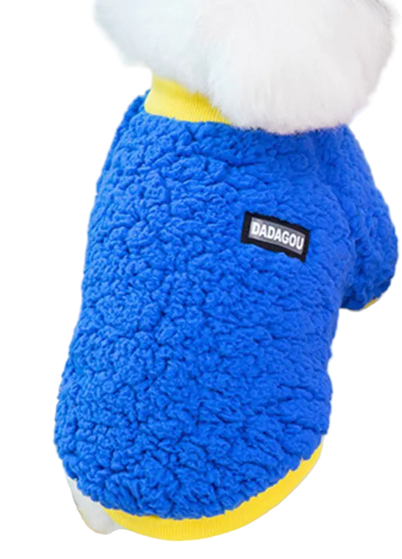 Blue fleece pet coat with a visible brand label on a white background