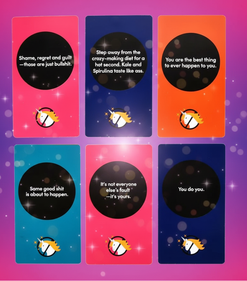 Set of six colorful cards with motivational phrases on a white background