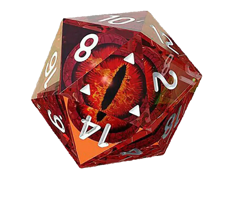 Dragon eye dice with 'Dragon Eye Dice' branding and Kickstarter promotion on a dark background