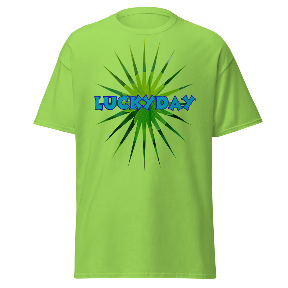 Green t-shirt with 'LUCKY DAY' text on a white background