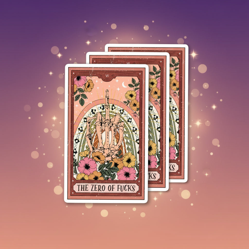 Two tarot cards with floral design and text on a white background