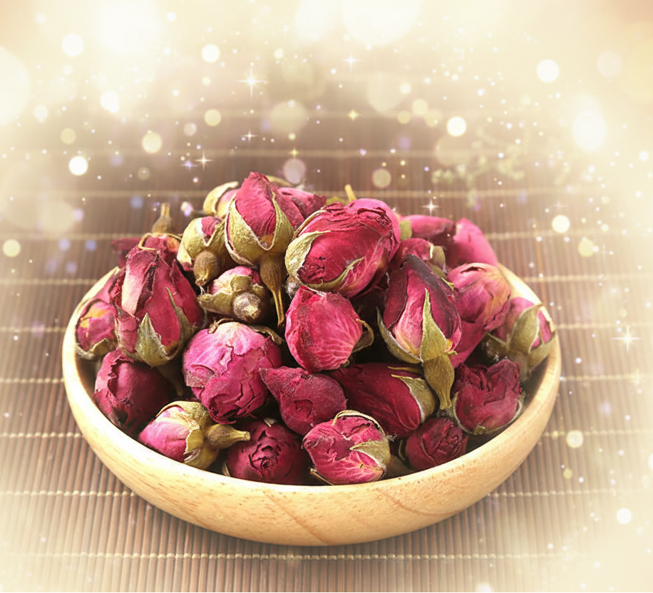 Dried rose buds in a wooden bowl on a bamboo mat with Chinese characters.