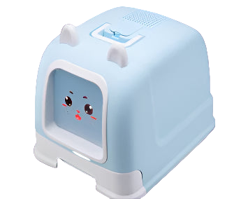 Small blue and white appliance with a cartoon face on a white background
