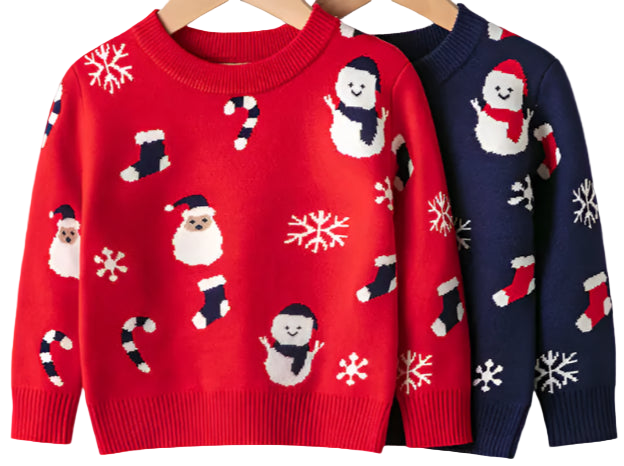 Red and blue Christmas-themed sweaters on hangers against a white background