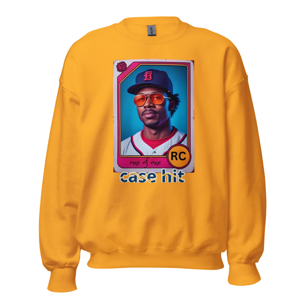 Yellow sweatshirt with a graphic of a baseball player in a card format on a white background