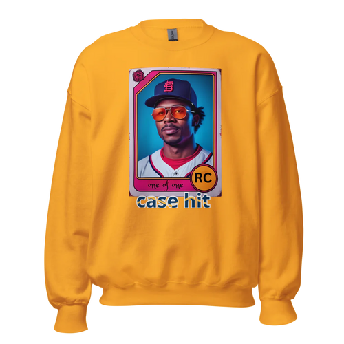 Yellow sweatshirt with a graphic of a baseball player in a card format on a white background