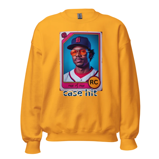 Yellow sweatshirt with a graphic of a baseball player in a card format on a white background