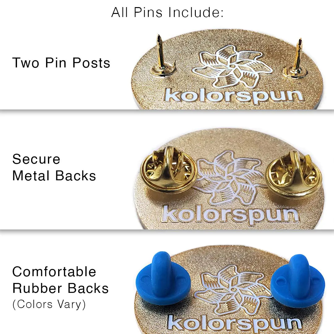 Kolorspun pins with pin posts, metal backs, and rubber backs on a white background.