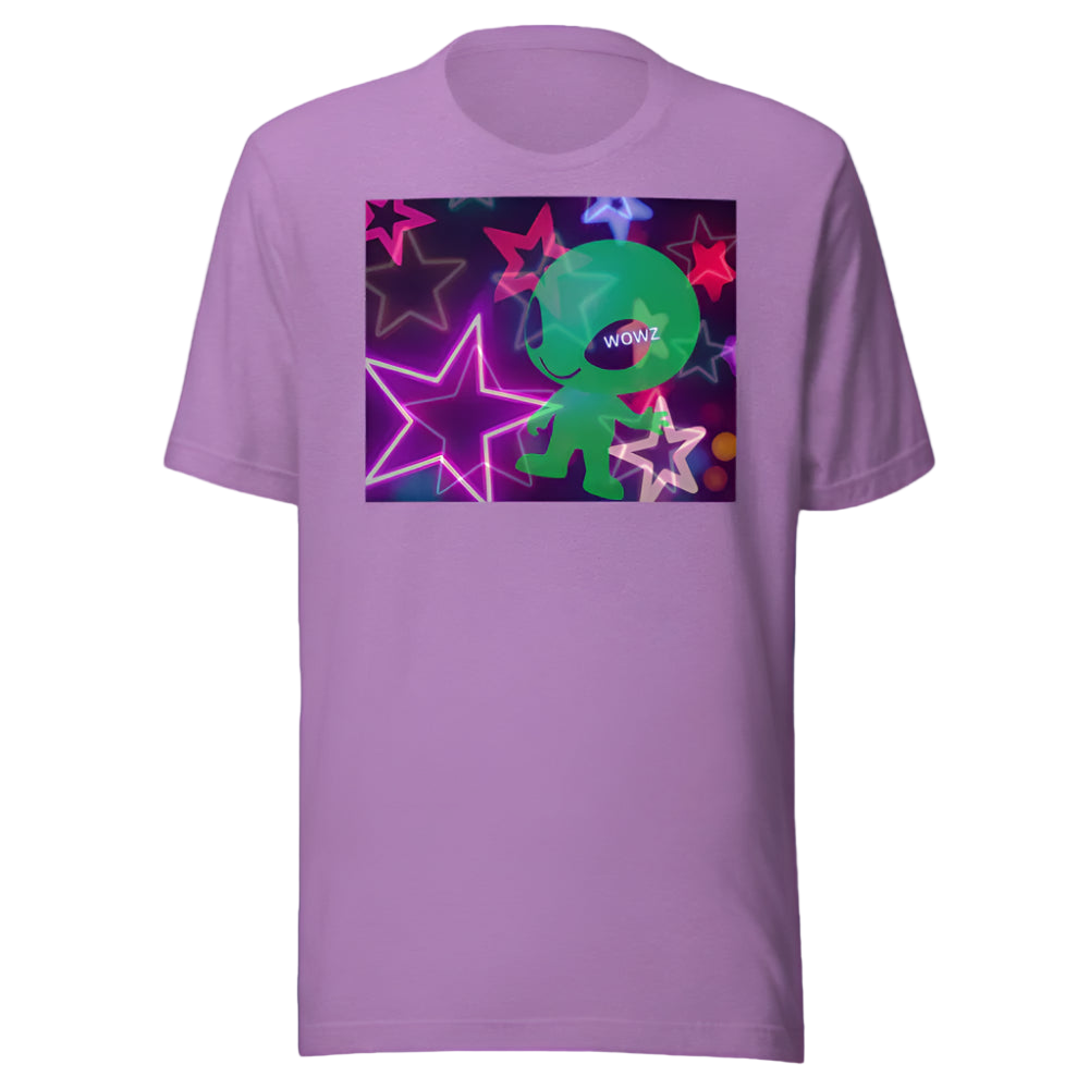 Purple t-shirt with a green cartoon character and colorful stars on a white background