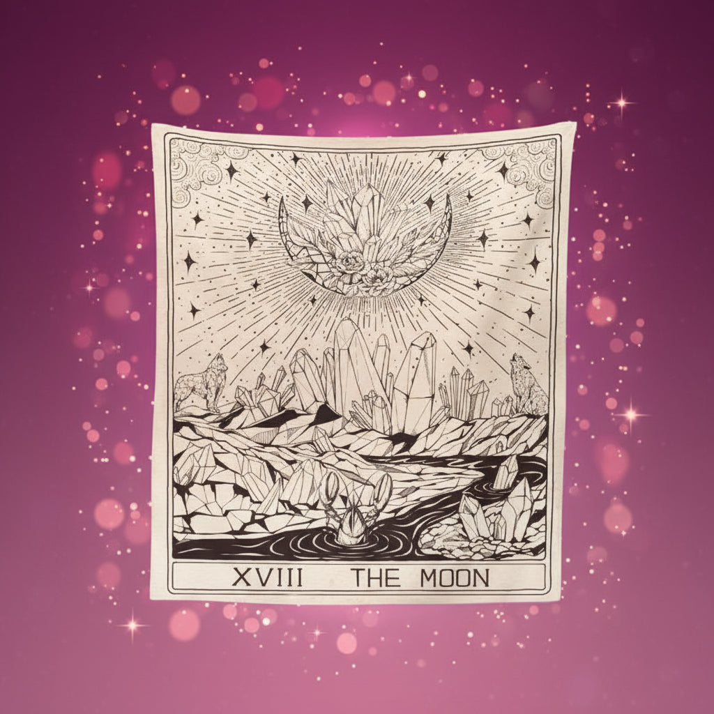 Decorative tapestry with 'The Moon' tarot card design featuring crystals and celestial elements.