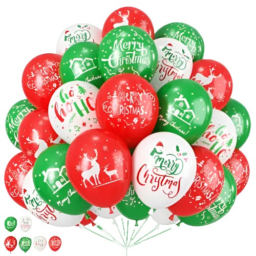 Collection of Christmas-themed balloons in red, green, and white on a white background
