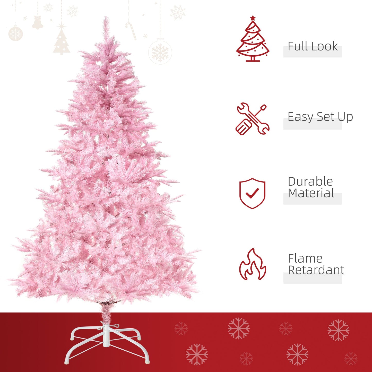 Pink Christmas tree with features listed on a white background