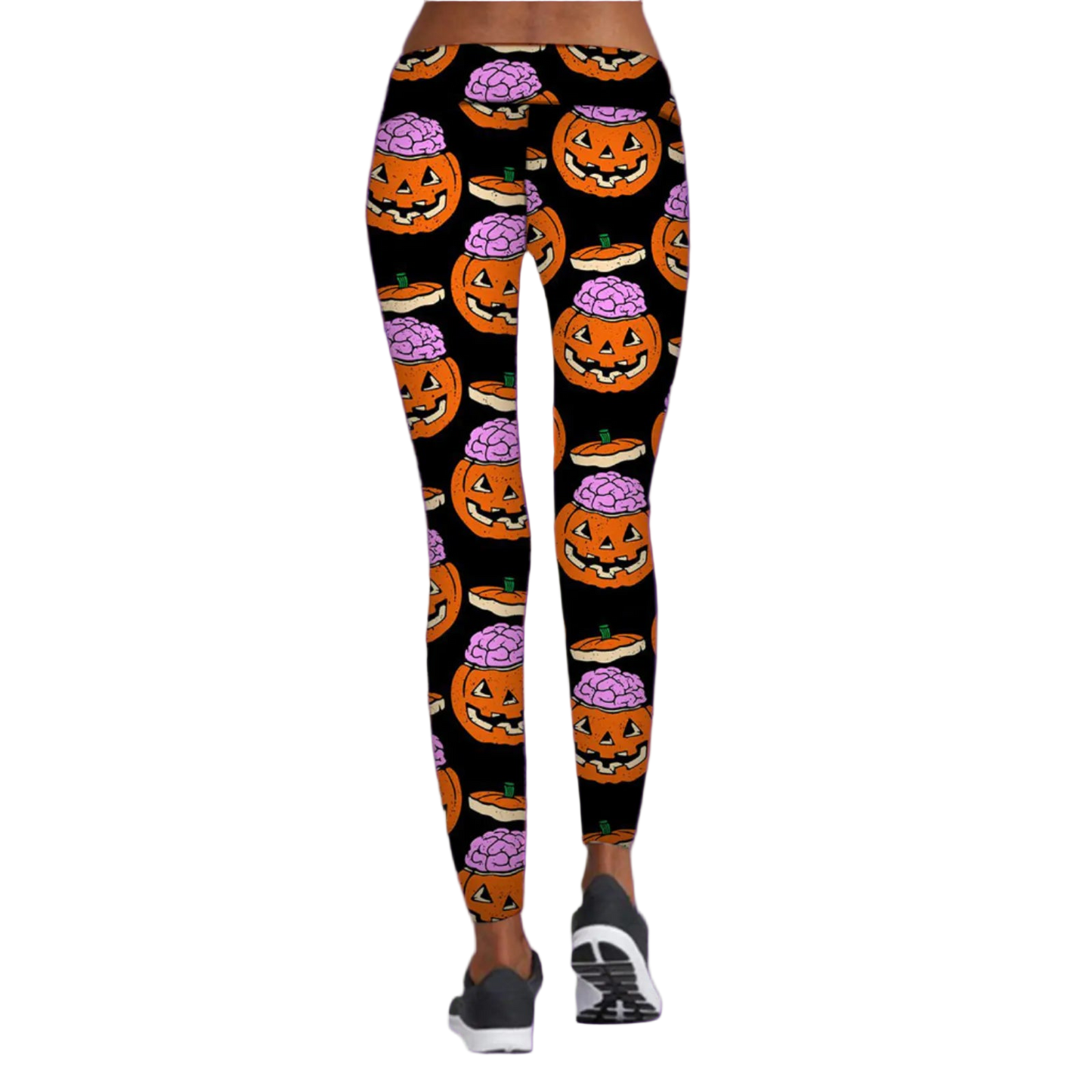 Leggings with Halloween-themed design featuring pumpkins and brains on a black background.