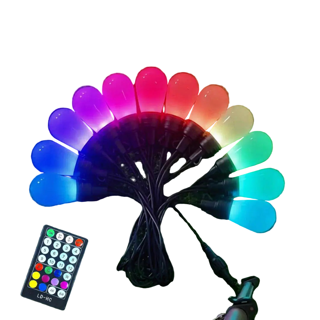 Colorful LED string lights with remote control on grass