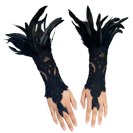 Black lace gloves with feather detailing on a white background
