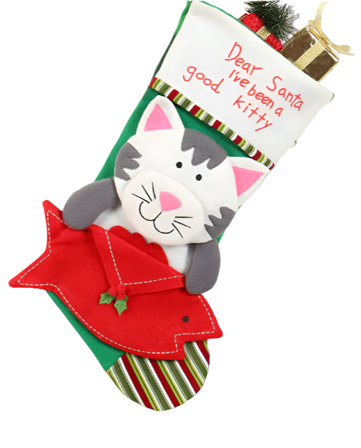Cat-themed Christmas stocking with a message on a fireplace mantle.