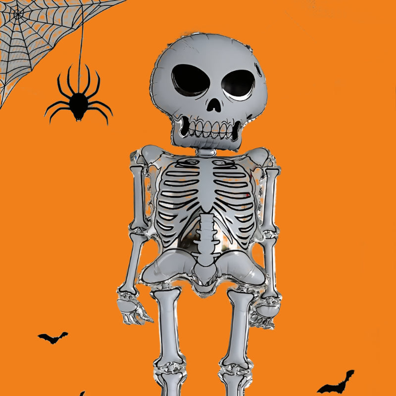 Skeletal balloon decoration with Halloween decorations in the background
