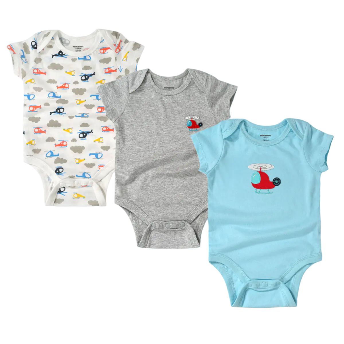 Three baby bodysuits with different designs on a white background