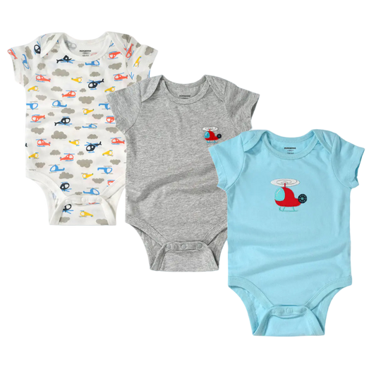 Three baby bodysuits with different designs on a white background