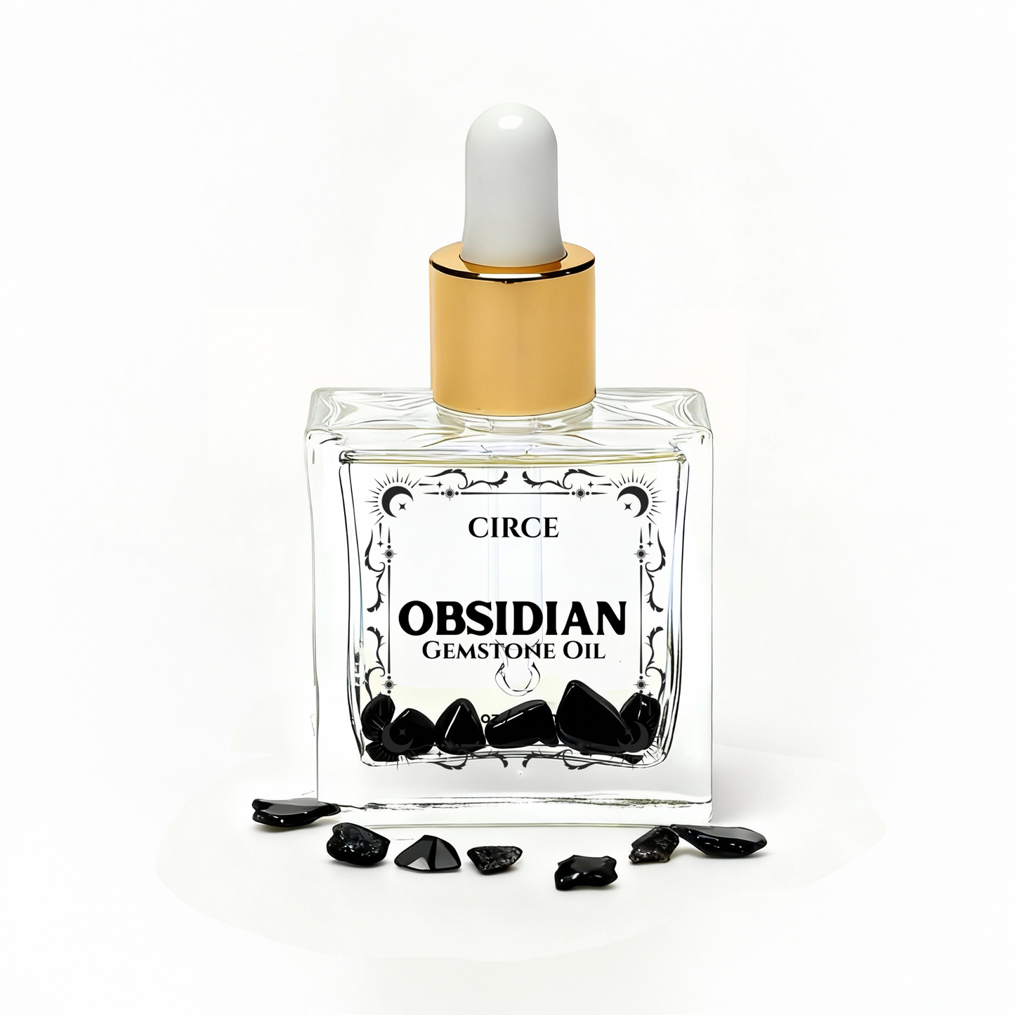 Obsidian gemstone oil bottle with black stones on a white background