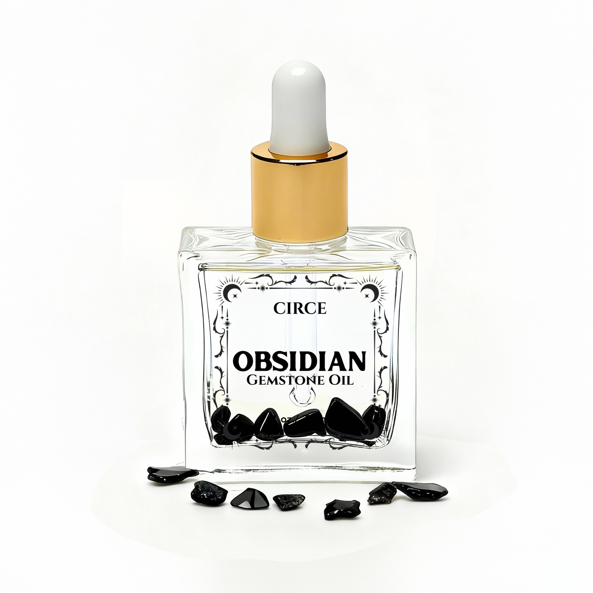 Obsidian gemstone oil bottle with black stones on a white background