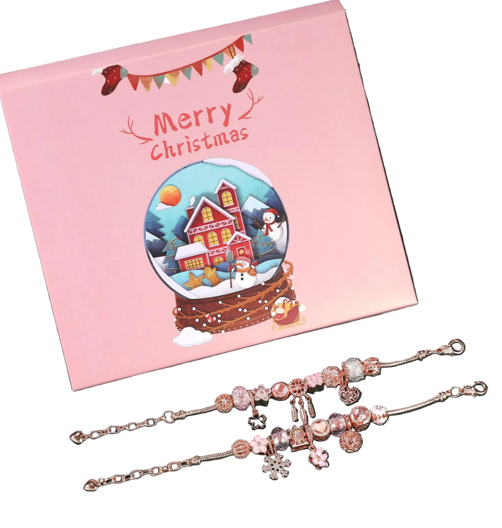 Bracelets with charms on a pink 'Merry Christmas' card with a snow globe design.