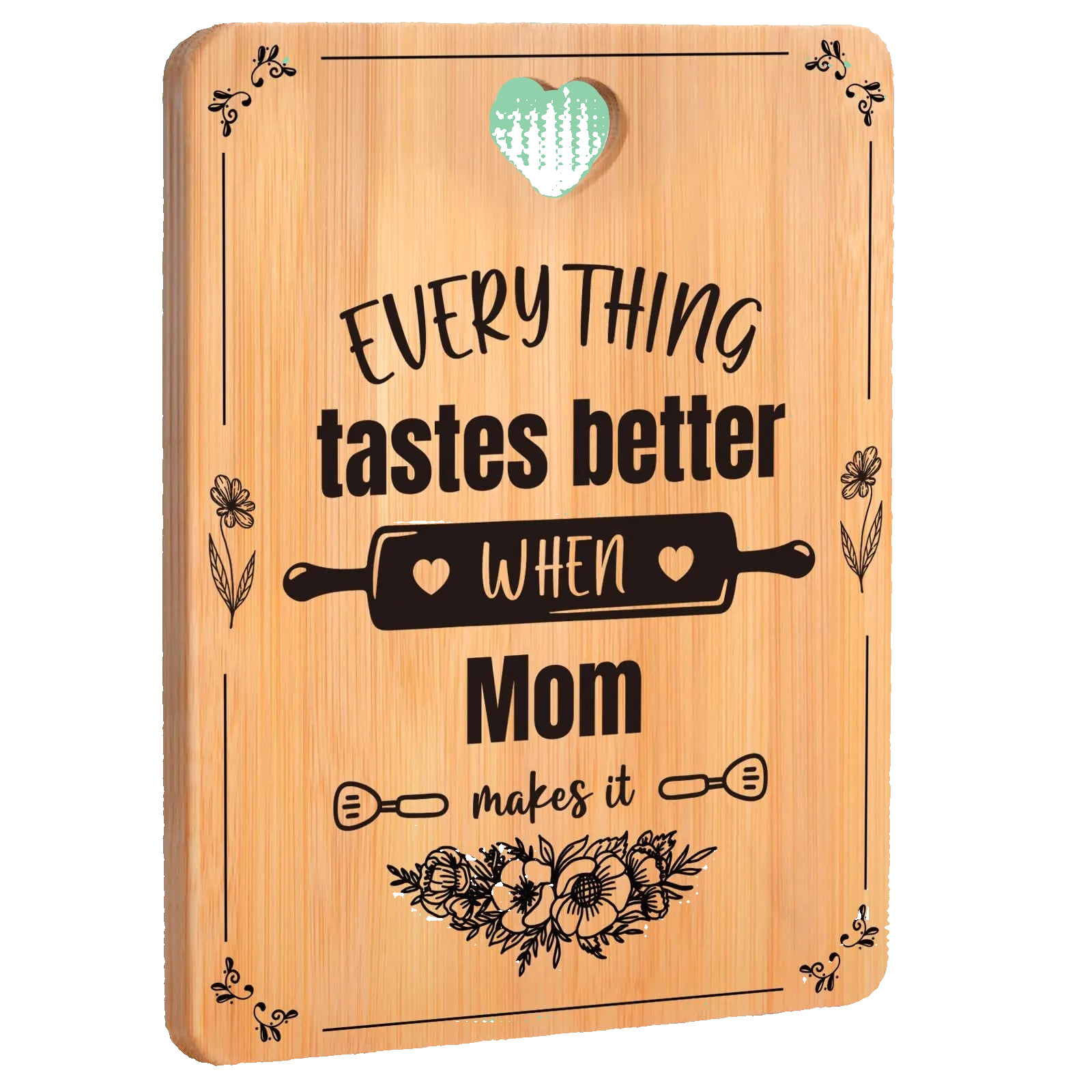 Wooden cutting board with engraved text and design on a white background
